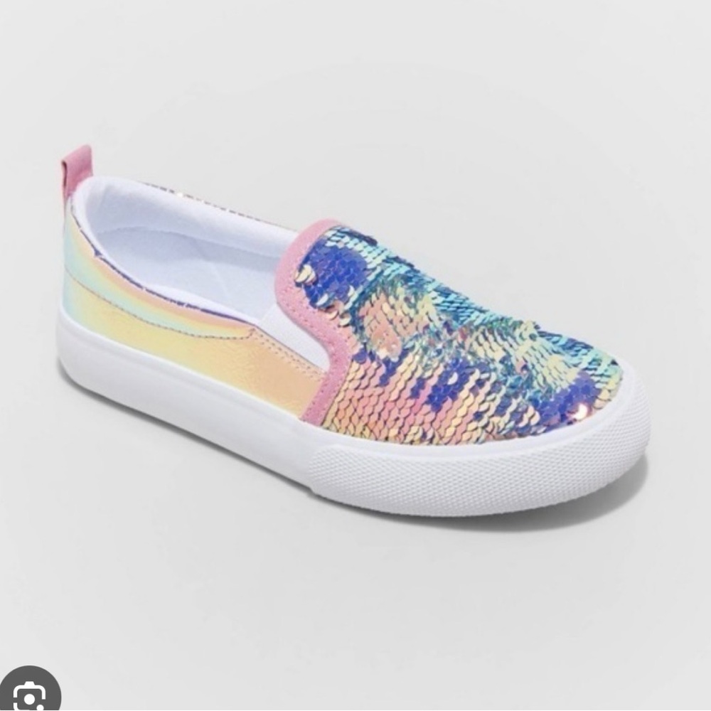 Cat & Jack Iridescent Sequin Slip-On Sneakers Kids Size 5 Rainbow Holographic